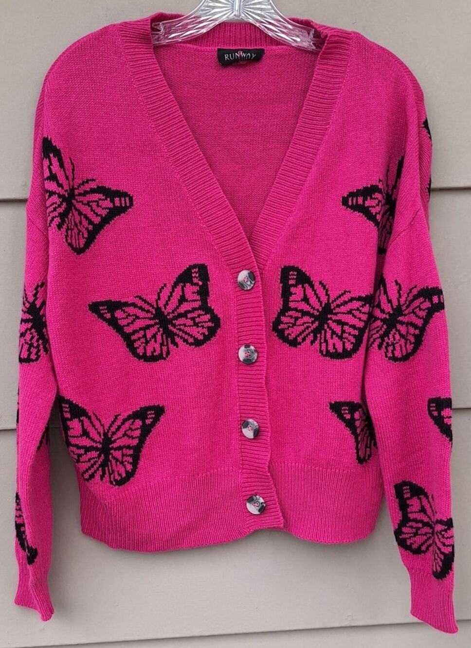 Vtg. 90s Y2K Runway Hot Pink Butterfly Spring Cardigan Sweater Fits Size M